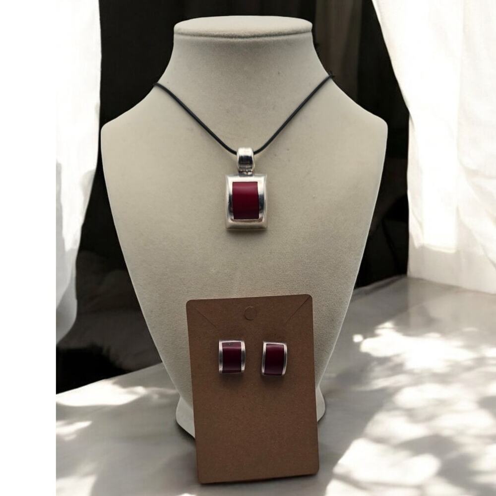 Sterling Silver Red Enamel Pendant Necklace Earring Set -Southwestern